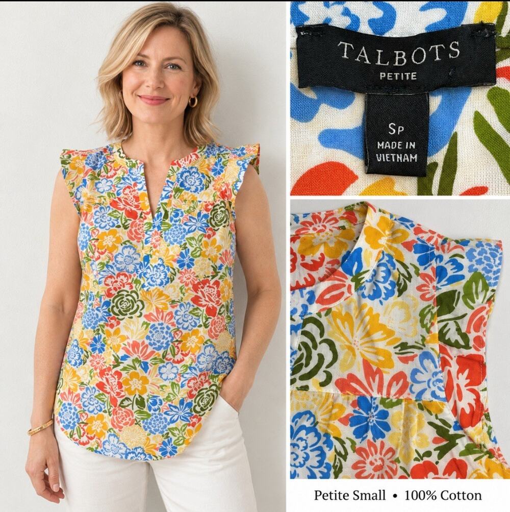 NWT Talbots Petite Women's Floral Print Flutter Sleeve Top Size PS Cotton Preppy